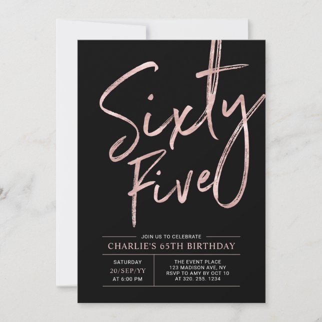 Sixty Five | Rose Gold & Black 65th Birthday Invitation (Front)