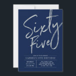 Sixty Five | Silver Navy Blue 65th Birthday Party Invitation<br><div class="desc">Celebrate your special day with this simple stylish 65th birthday party invitation. This design features a brush script "Sixty Five" with a clean layout on a navy blue background. You can customise the text and background colour. More designs and party supplies are available at my shop BaraBomDesign.</div>