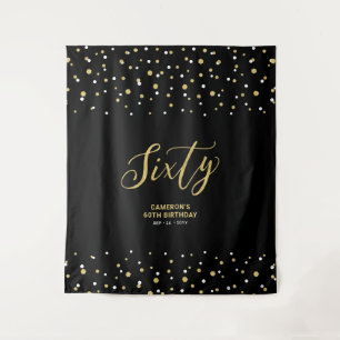 Sixty Gold & Black 60th Birthday Party Backdrop Tapestry