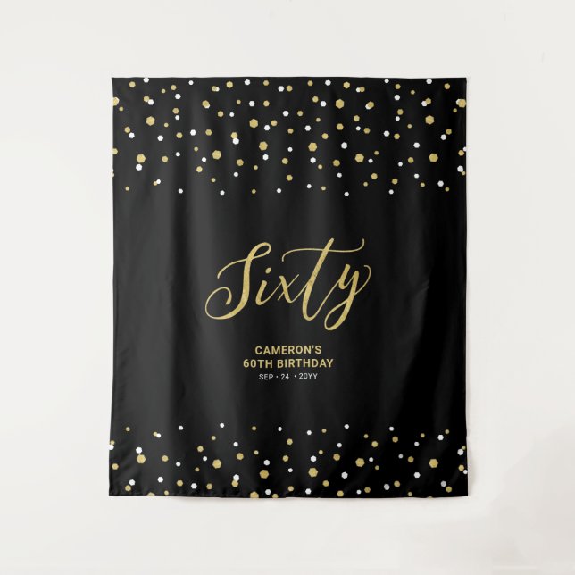 Sixty | Gold & Black 60th Birthday Party Backdrop Tapestry (Front)
