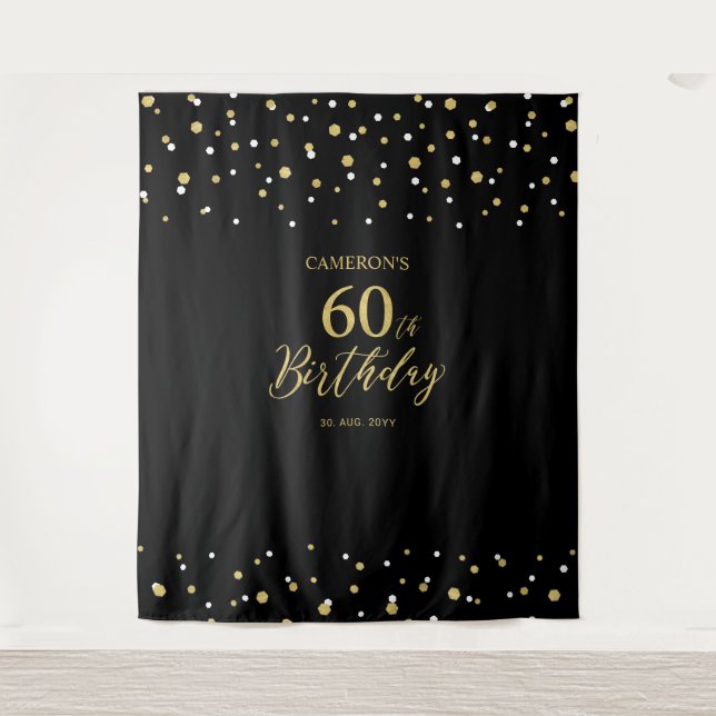 Sixty | Gold & Black 60th Birthday Party Backdrop Tapestry (Front)