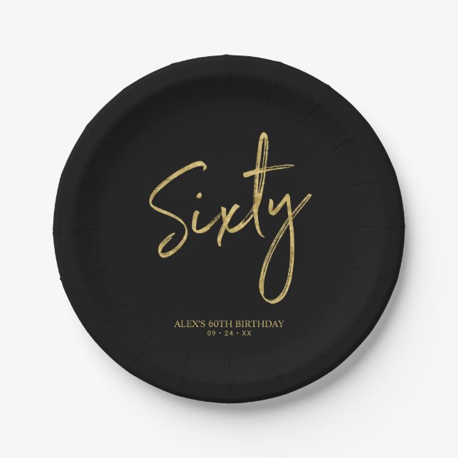 Sixty Gold Lettering 60th birthday Paper Plates (Front)