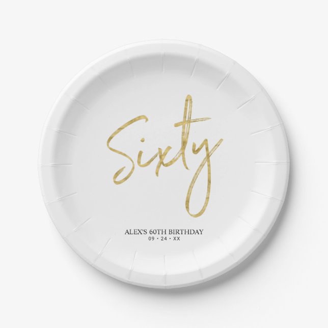 Sixty Gold Lettering 60th birthday Paper Plates (Front)
