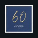 Sixty | Gold & Navy Blue Lettering 60th Birthday Napkin<br><div class="desc">This simple custom napkin will add stylish details to your 60th birthday party. This design features gold chic lettering "60" with custom text on a navy blue background. Matching invitations and party supplies are available in my shop BaraBomDesign.</div>