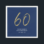 Sixty | Gold & Navy Blue Lettering 60th Birthday Napkin<br><div class="desc">This simple custom napkin will add stylish details to your 60th birthday party. This design features gold chic lettering "60" with custom text on a navy blue background. Matching invitations and party supplies are available in my shop BaraBomDesign.</div>