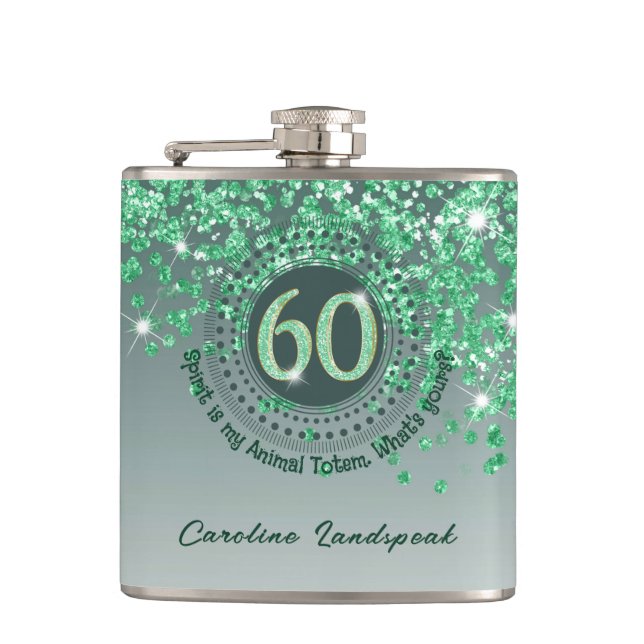 Sixty & Green Glitter & Drinking Quote Hip Flask (Front)