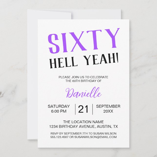 Sixty Hell Yeah! Bold Purple 60th Birthday Invitation (Front)