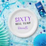 Sixty Hell Yeah! Funny Purple 60th Birthday  Paper Plate<br><div class="desc">Celebrate sixty in standout style with these “Sixty Hell Yeah!” purple party plates. Designed for those who love a bold, fun twist on milestone birthdays, these fully customisable plates add attitude and charm to your event. Swap the name, font, or even the colours to make it your own—because turning sixty...</div>