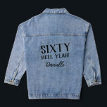 SIXTY HELL YEAH! Personalised Funny 60th Birthday  Denim Jacket<br><div class="desc">Celebrate sixty in fearless fashion with this bold “SIXTY HELL YEAH!” custom denim jacket. Featuring striking black text and a personalised name in elegant script, this jacket brings equal parts sass and style to milestone birthdays. Perfect for photo ops, parties, or just owning your moment—this is the go-to birthday gift...</div>