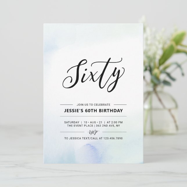 Sixty Minimal 60th Birthday Party Blue Watercolor Invitation (Standing Front)