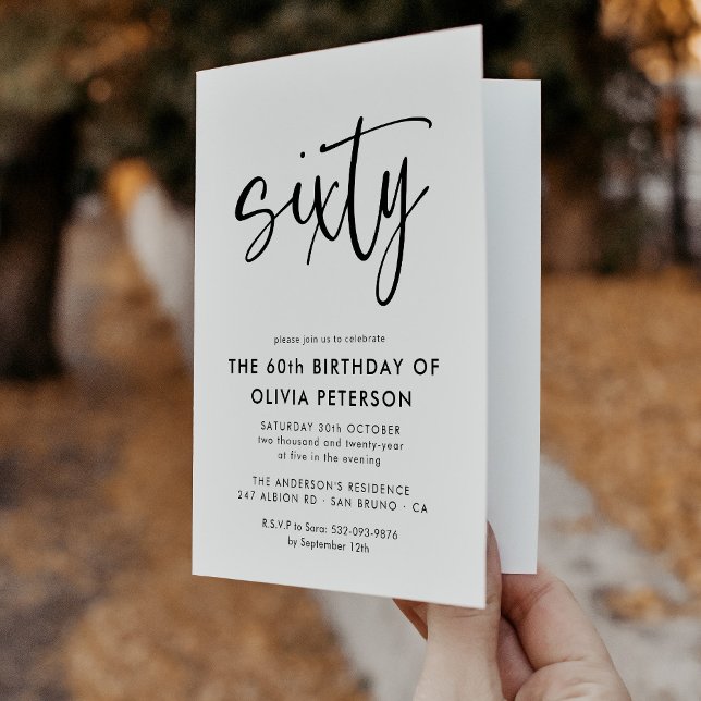 Sixty | Modern 60th Black & White Birthday Folded Invitation (Creator Uploaded)