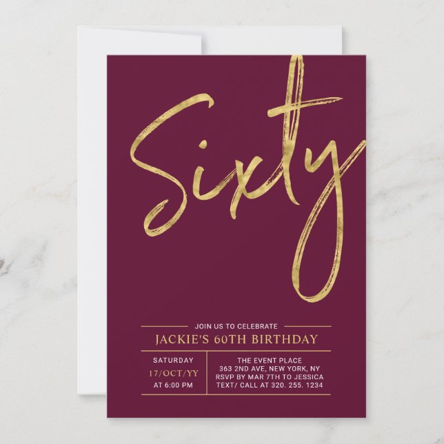 Sixty | Modern Gold & Burgundy 60th Birthday Party Invitation (Front)