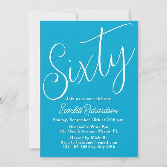 Sixty Modern Script Aqua Blue 60th Birthday Party Invitation (Front)