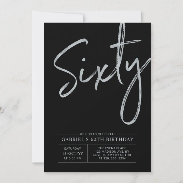 Sixty | Modern Silver & Black 60th Birthday Party Invitation (Front)