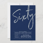 Sixty | Modern Silver Brush 60th Birthday Party Invitation<br><div class="desc">Celebrate your special day with this simple stylish 60th birthday party invitation. This design features a brush script "Sixty" with a clean layout on a navy blue background. You can customise the text and background colour. More designs and party supplies are available at my shop BaraBomDesign.</div>