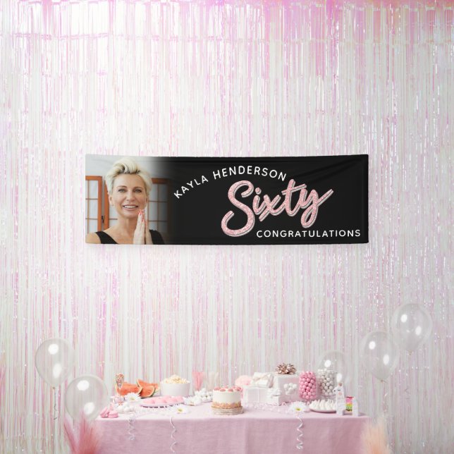 Sixty pink 60th Birthday photo on black Banner (Party)