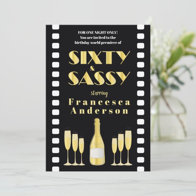Sixty & Sassy Black Gold Champagne 20s Movie Style Invitation (Standing Front)