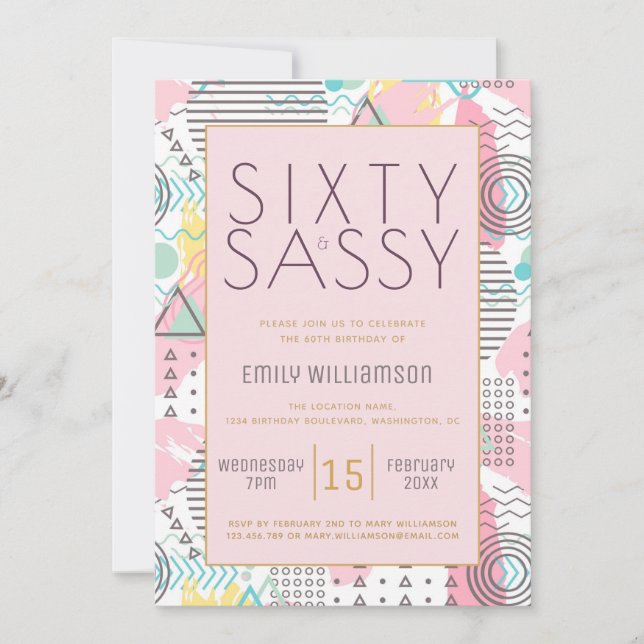 Sixty & Sassy Pink 1980s Memphis Design 60th  Part Invitation (Front)