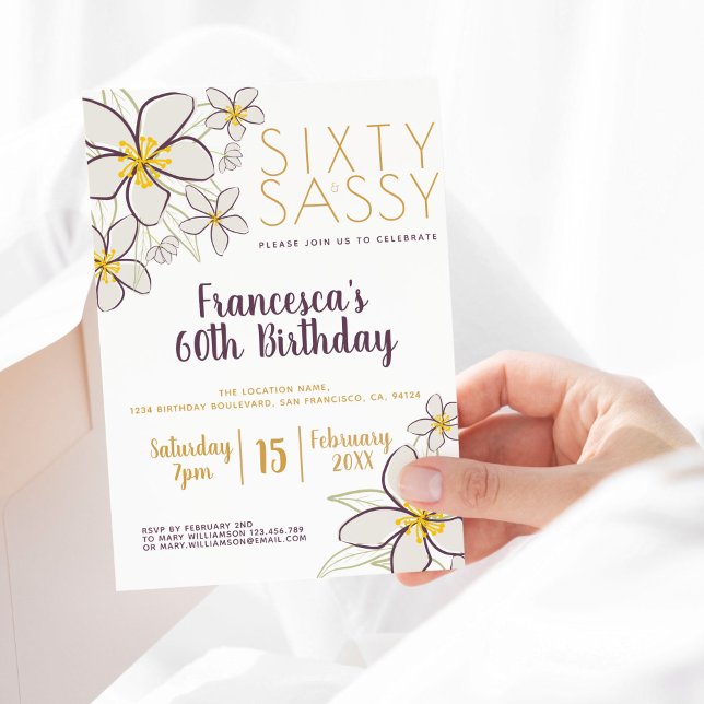Sixty & Sassy White Gold Modern Jasmine Floral Invitation (Creator Uploaded)