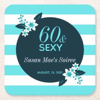 Sixty & Sexy Teal White 60th Birthday Party Square Paper Coaster