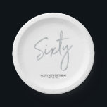 Sixty Silver Modern Lettering 60th birthday Party Paper Plate<br><div class="desc">This custom paper plate will add stylish detail to a modern 60th birthday party. This design features a simple chic silver brush script "Sixty" with custom text. Matching 60th birthday invitations and party supplies are available in my shop BaraBomDesign.</div>