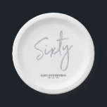 Sixty Silver Modern Lettering 60th birthday Party Paper Plate<br><div class="desc">This custom paper plate will add stylish detail to a modern 60th birthday party. This design features a simple chic silver brush script "Sixty" with custom text. Matching 60th birthday invitations and party supplies are available in my shop BaraBomDesign.</div>