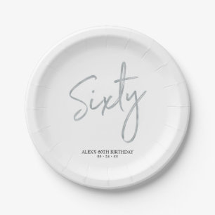 Sixty Silver Modern Lettering 60th birthday Party Paper Plate