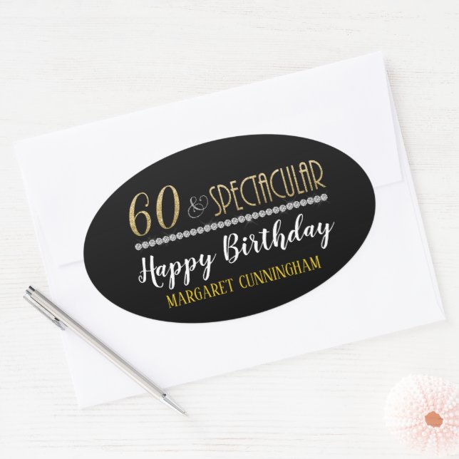 Sixty & Spectacular Gold Silver Diamonds Birthday Oval Sticker (Envelope)