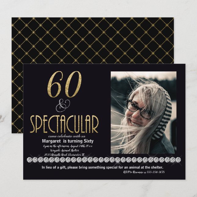 Sixty & Spectacular Gold Silver Diamonds Photo Invitation (Front/Back)