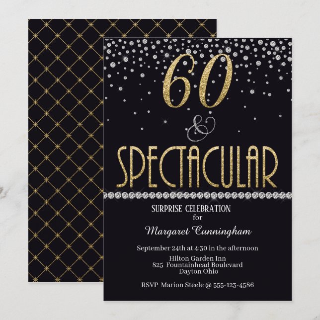 Sixty & Spectacular Gold Silver Diamonds Surprise Invitation (Front/Back)