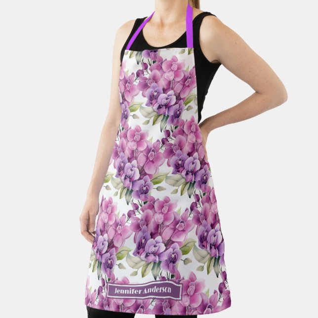 Size Large Girly Purple Orchid Floral  Apron (Insitu)