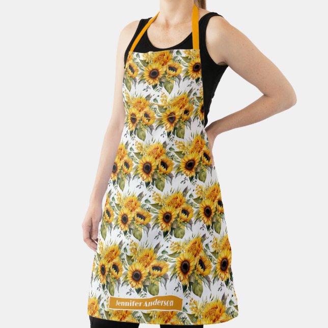 Size Large Girly Sunflowers Floral  Apron (Insitu)