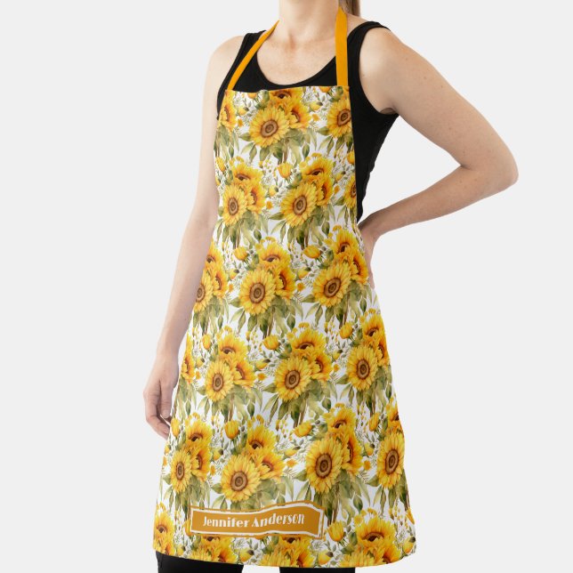 Size Large Girly Sunflowers Floral  Apron (Insitu)