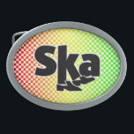 Ska Belt Buckle<br><div class="desc">Wear your passion for ska music with this belt buckle that pays tribute to the musical genre. The design includes 2 Tone imagery in the form of a pair of "Walt Jabsco" dancing feet. The backdrop includes a red,  gold and green chequered gradient.</div>