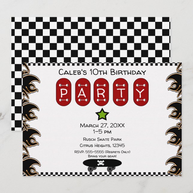 Skate Boarder Flames Skateboard Birthday Party Invitation (Front/Back)