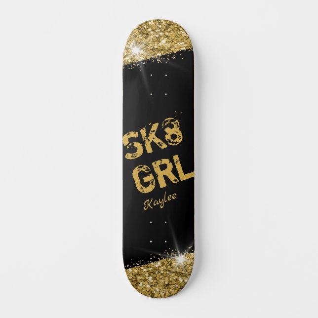 Skate Girl Black Gold Glitter Girly Personalised Skateboard (Front)