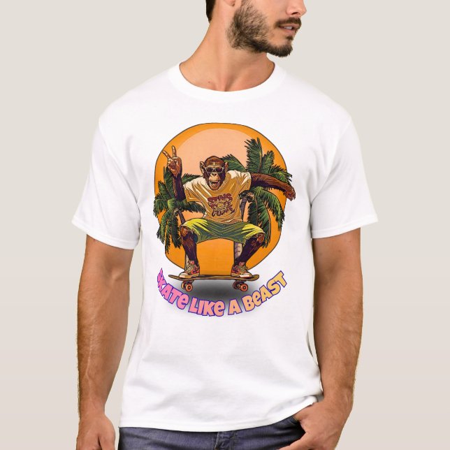 Skate Like a Beast Cool Chimpanzee Skater Design T-Shirt (Front)