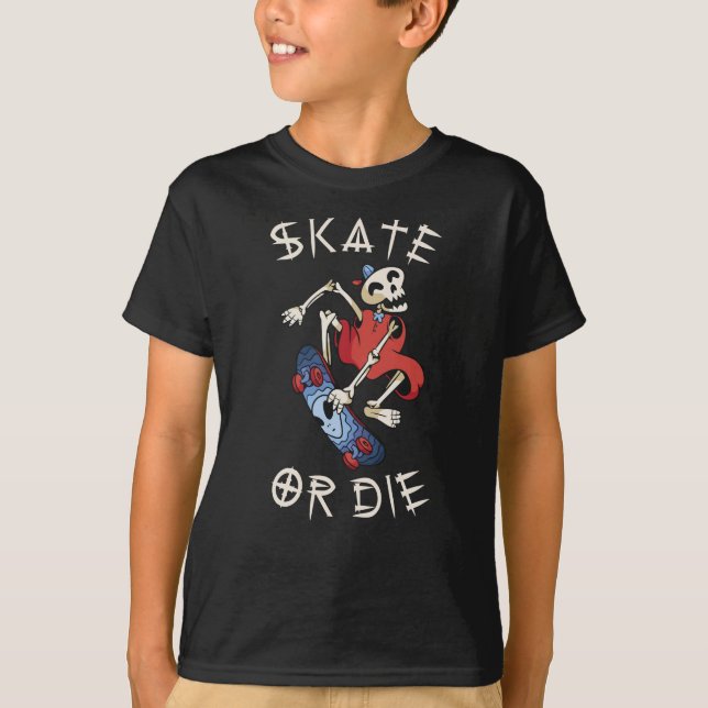 Skate or die Grim Reaper Skeleton Skateboarder T-Shirt (Front)