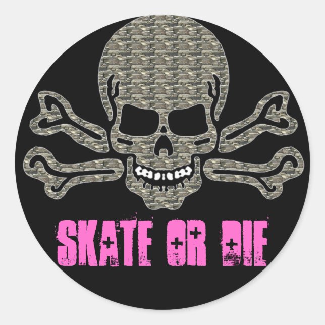 skate or die rock textured skull classic round sticker (Front)