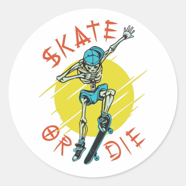 Skate or die Skeleton Skateboarder Classic Round Sticker (Front)