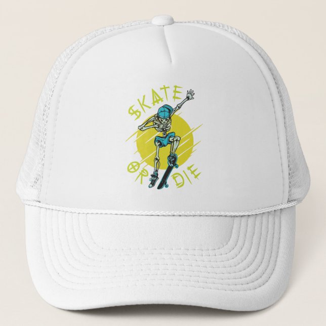 Skate or die Skeleton Skateboarder Trucker Hat (Front)