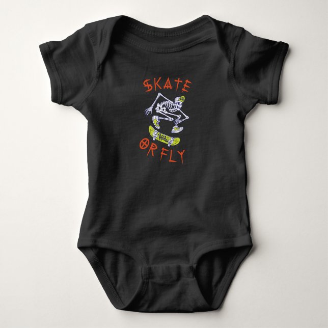 Skate or Fly Skeleton Skateboarder Baby Bodysuit (Front)