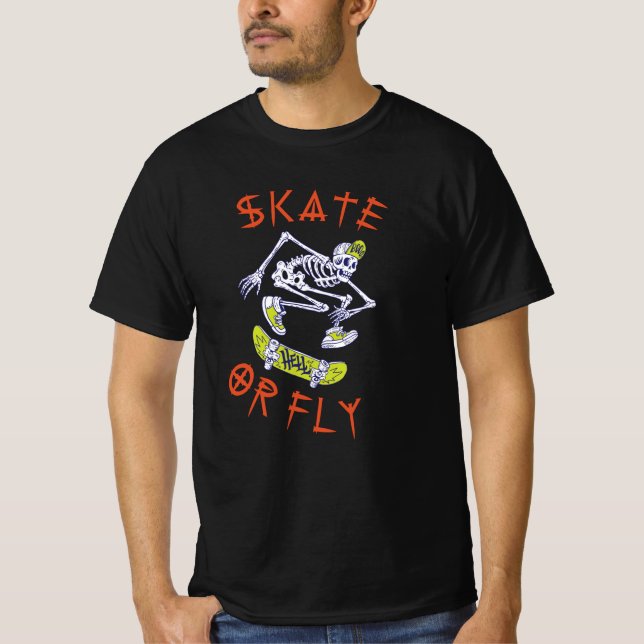 Skate or Fly Skeleton Skateboarder T-Shirt (Front)