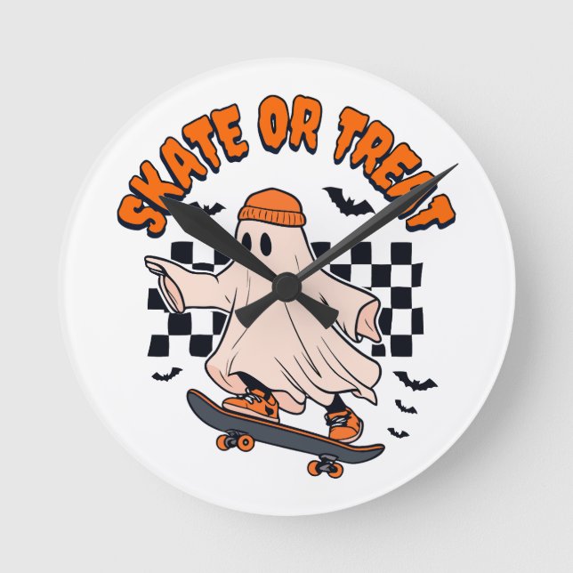Skate or Treat Ghost Halloween Round Clock (Front)