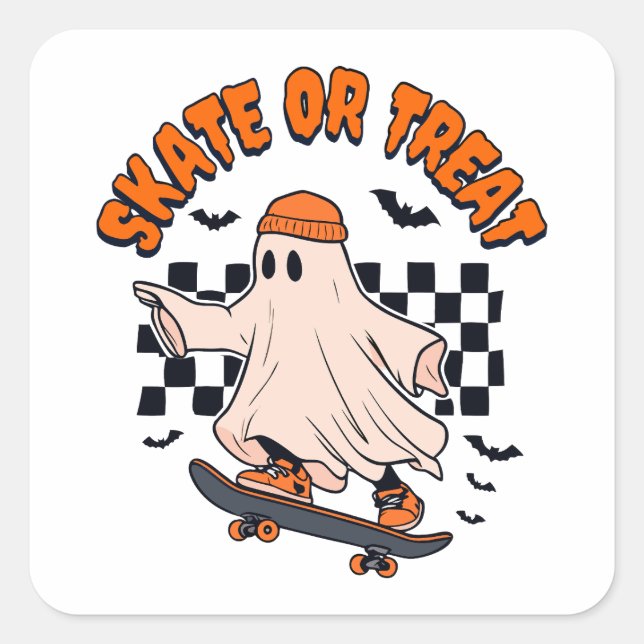 Skate or Treat Ghost Halloween Square Sticker (Front)