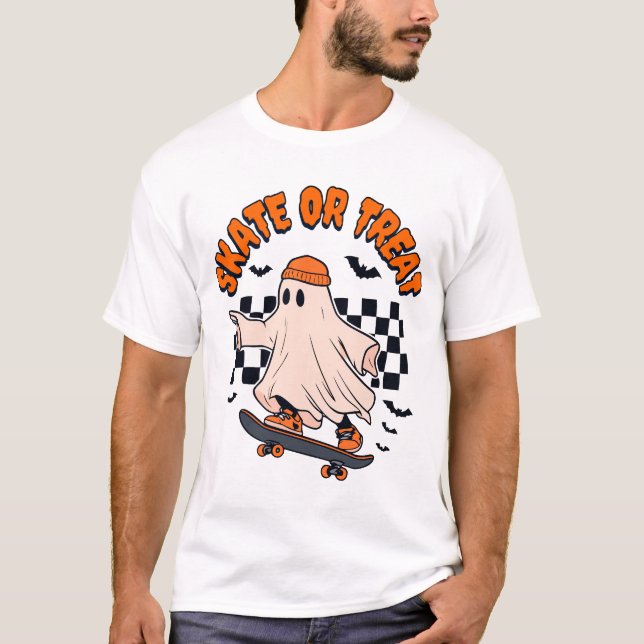 Skate or Treat Ghost Halloween T-Shirt (Front)