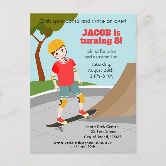 Skate Park Fun Boy Birthday Party Invitation Postcard (Front)
