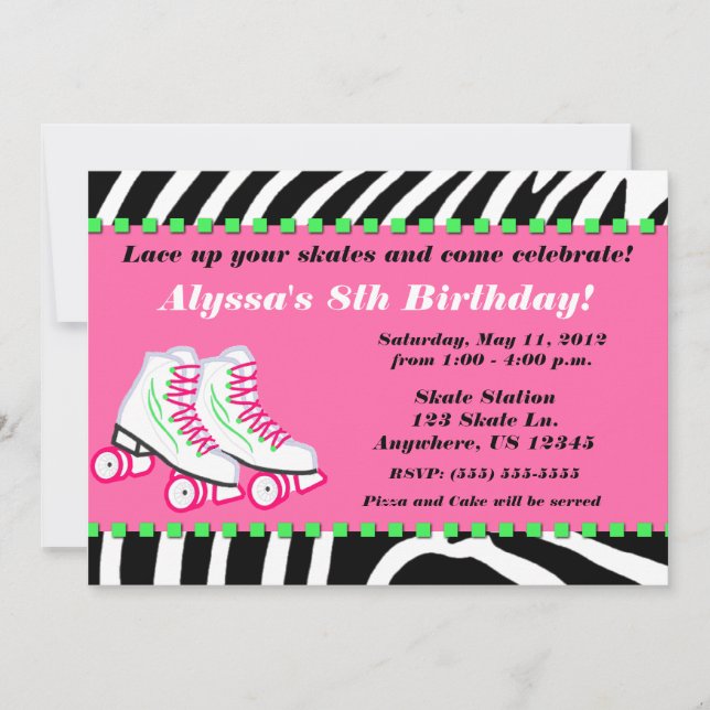 Skate Party Girls Zebra Print Birthday Invitation (Front)