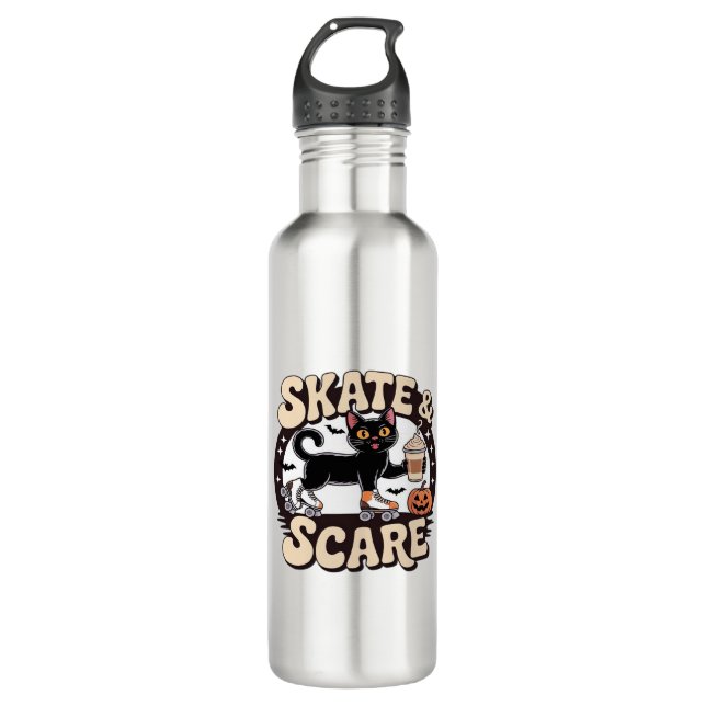 Skate & Scare � Cute Black Cat Roller Skating Over 710 Ml Water Bottle (Front)