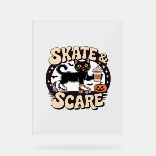 Skate & Scare – Cute Black Cat Roller Skating Over Acrylic Sign